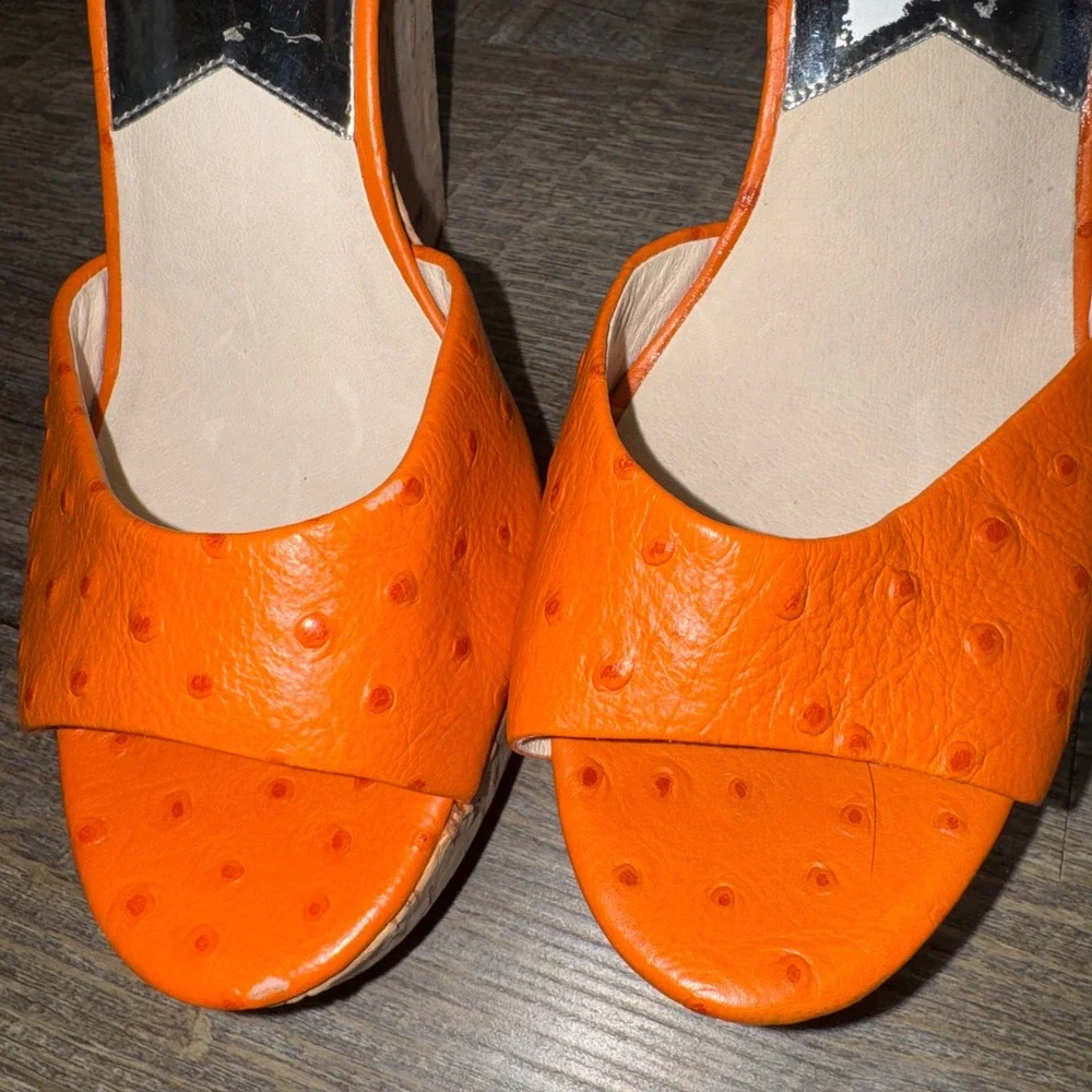 Michael Kors Ariana Ostrich Cork Wedge Sandals Orange Leather Womens 8.5M